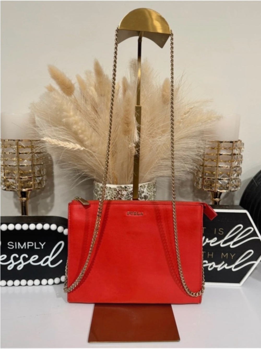 Furla Red/ Burnt Orange Crossbody Babylon Envelope Bag with Gold Chain